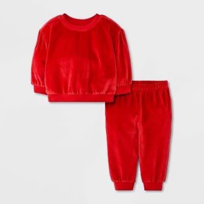 Baby Girls' 2pc Cozy Velour Sweatshirt and Jogger Pants Set - Cat & Jack™ Red 6-9M