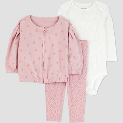 Carter's Just One You® Baby Girls' 3pc Floral Zip-Up Sweatshirt with Bodysuit and Leggings Set - Pink 3M