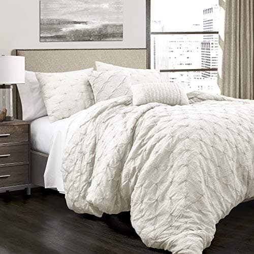 Lush Decor Ravello Pintuck Comforter Set - Luxe 5 Piece Textured Bedding Set - Traditional Glam & Farmhouse Inspired Bedroom Decor - Full/ Queen, White