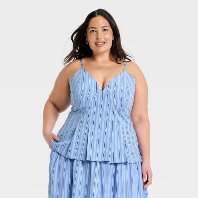 Women's V-Neck Poplin Cami Top - A New Day™ Blue Striped 2X