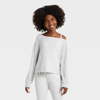 Girls' Modal French Terry Asymmetrical Pullover Sweatshirts - All In Motion™ Heather Gray L