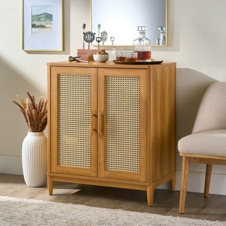 Better Homes & Gardens Springwood Caning Bar Cabinet, Light Honey Finish