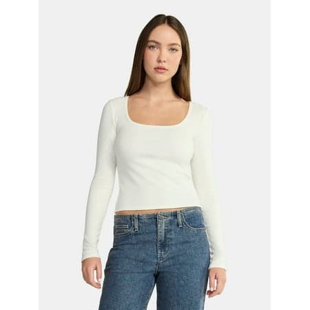 No Boundaries Square Neck Tee with Long Sleeves, Women's