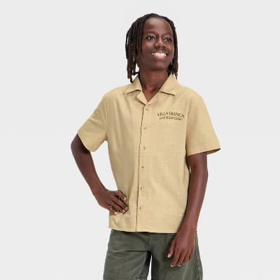 Boys' Short Sleeve Embroidered Woven Button-Up Shirt - art class™ Beige L