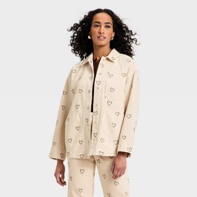 Women's Heart Embroidered Chore Denim Jacket - Universal Thread™ Cream S