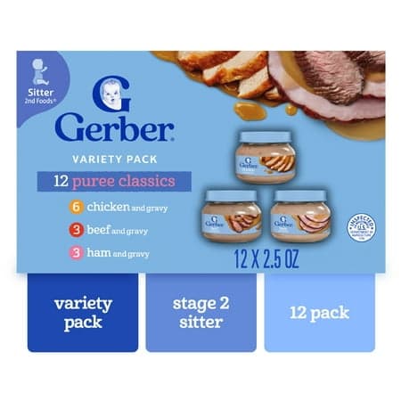 Gerber 2nd Foods Puree Favorites, Beef, Turkey, Ham and Chicken Baby Food Variety Pack, 2.5 oz Jars (12 Pack)