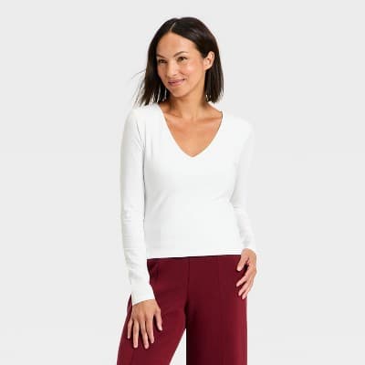 Women's Sculpt Long Sleeve V-Neck Top - A New Day™ White L
