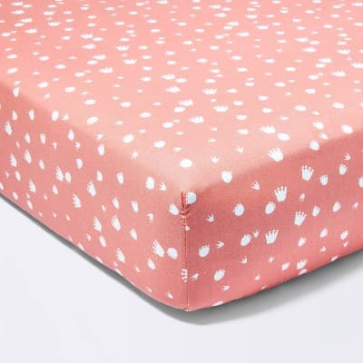 Fitted Crib Sheet Dino-snore Footprint - Coral Red - Cloud Island™: Cotton, 200 Thread Count, Standard Crib/Toddler