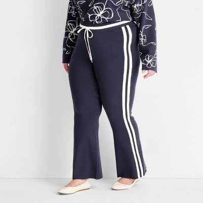 Women's High-Rise Sweater Track Pants - Future Collective Navy Blue 1X: Wide Leg, Elastic Drawstring Waist, Plus Size