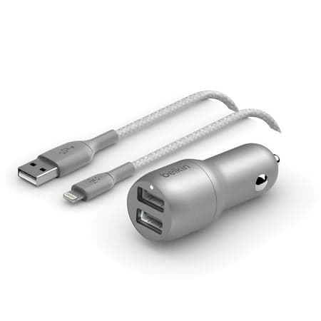 Belkin 24 Watt Dual USB Car Charger - 2 12W USB-A Ports with Braided Ltg Cable for Fast Charging Apple iPhone 14, 14 Pro, 14 Pro Max, iPhone 13, Samsung Galaxy, AirPods & More - USB-C Charger, Silver