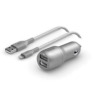 Belkin 24W Dual USB-A Car Charger with Braided Lightning Cable
