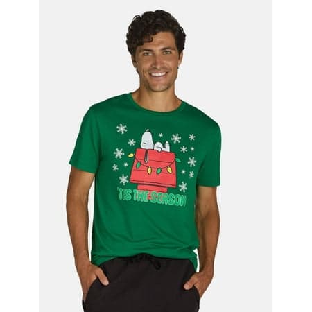 Snoopy Tis The Season Mens & Big Mens Short Sleeve Graphic T-shirt, Sizes XS-3XL