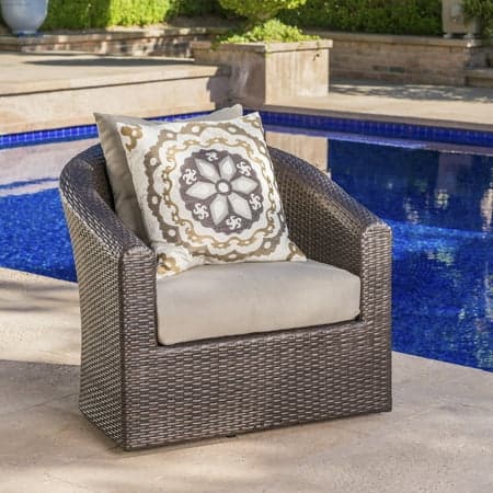 Noble House Darius Outdoor Aluminum Brown Wicker Swivel Chair Mix Khaki Cushion
