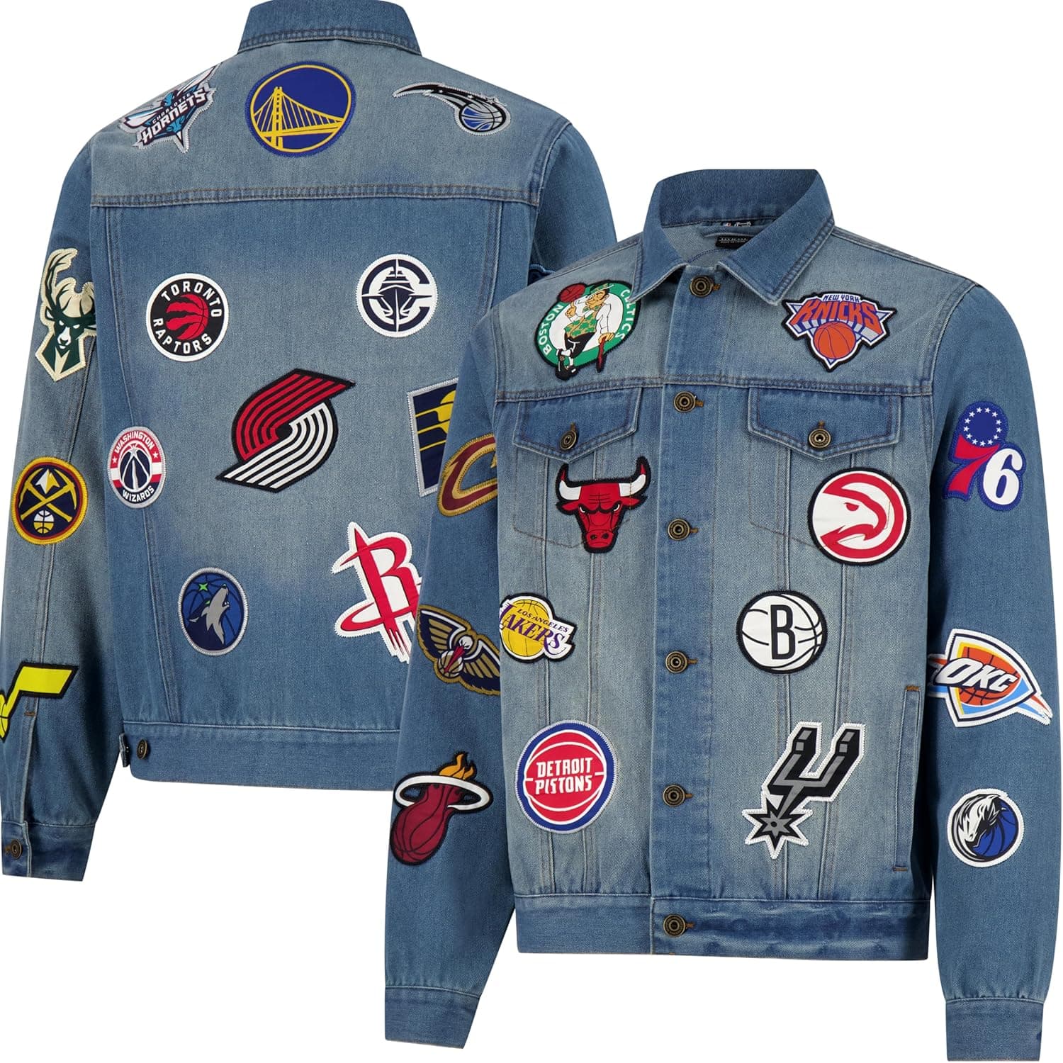 NBA Distressed Denim Jacket with Team Patches - Save 29%