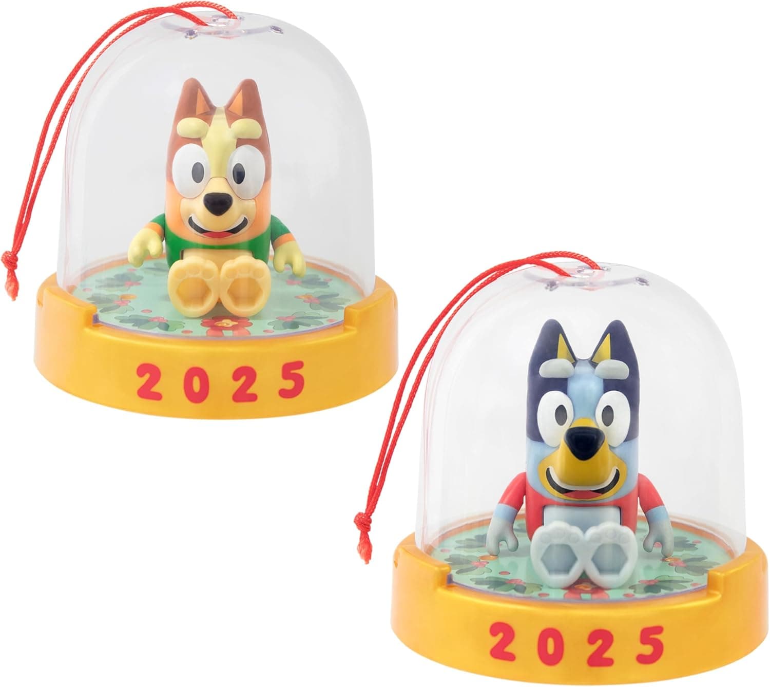 Bluey Ornament Pack of 2, Poseable Mini Decorations Toy Figurines in Festive Sweaters, 2025 Printed Gold Base Christmas Ornaments for Kids Ages 3+