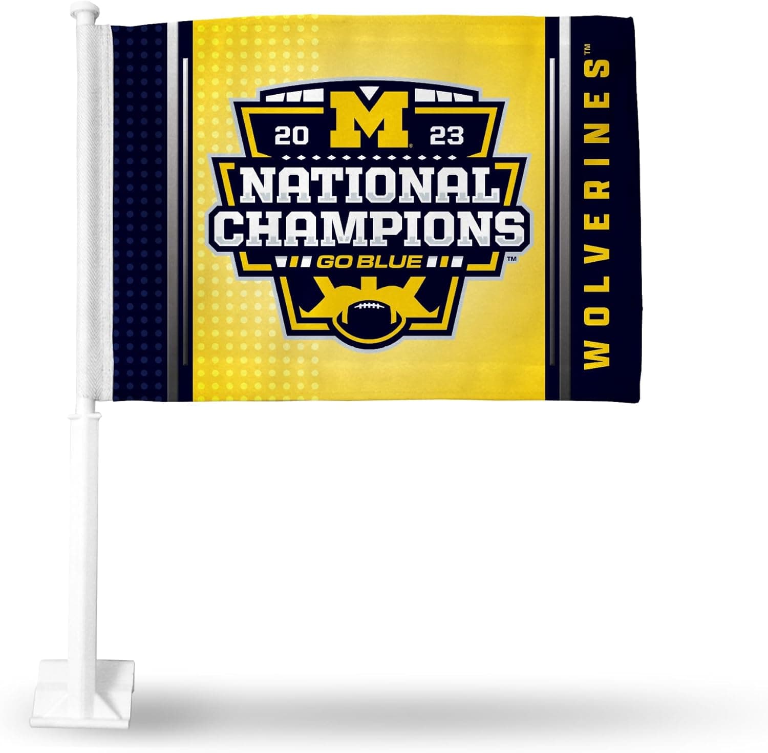 Rico Industries NCAA Michigan Wolverines 2024 CFP National Champions Double Sided Car Flag - 16" x 19" - Strong Pole That Hooks onto Car/Truck/Automobile