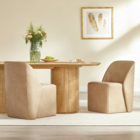 Spruce & Spring Rolling Upholstered Dining Chair with Smooth Hidden Casters Set of 2, Tan