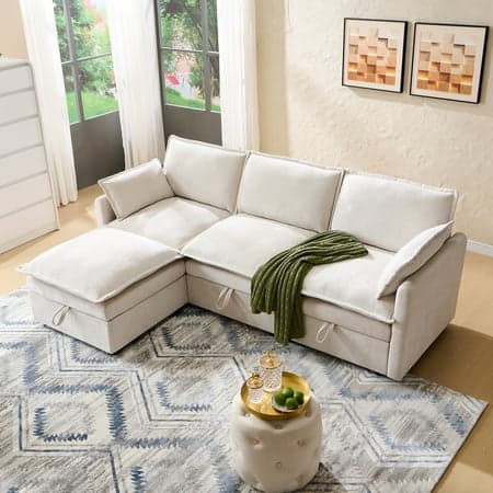 wow97e Modern Sectional Couch Set for Living Room, L-Shaped Cloud Sofa Couch with Large Storage, Chenille Fabric, 3 Seat Couch with Movable Ottoman