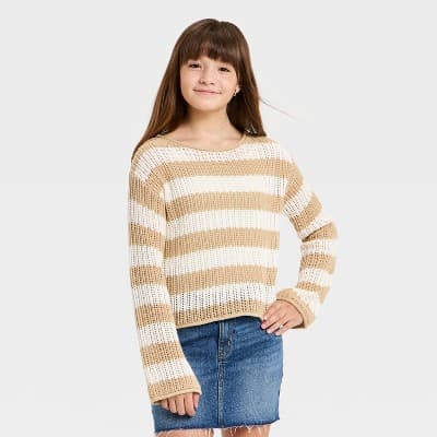 Girls' Striped Open Knit Sweater - art class™ Off-White XXL