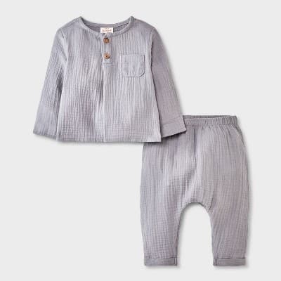 Baby Boys' Henley Gauze Shirt and Pants Set - Cat & Jack™ Gray 24M