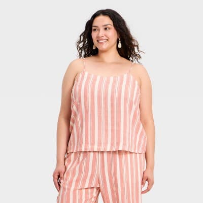 Women's Resort Linen Cami Tank Top - A New Day™ Red Striped 1X