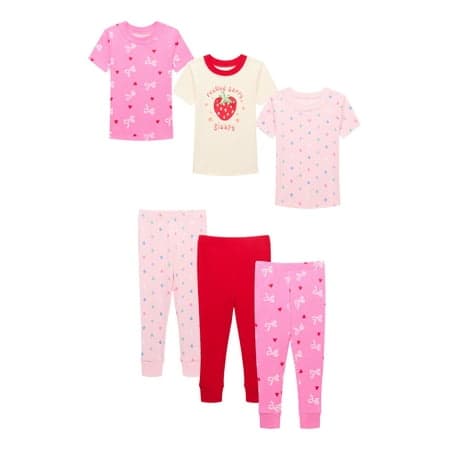 Wonder Nation Toddler Girls Cotton Sleep Tee and Pants Snug Fit Pajama Set, 6-Piece, Sizes 12M-5T