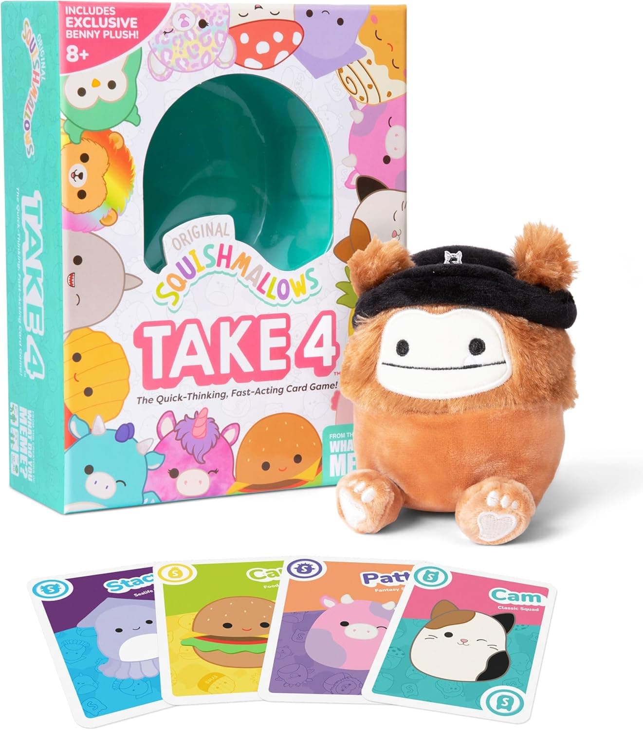 Squishmallows Take4 by Relatable, Exciting Games, Board Games and Card Games for Family Gatherings, Great for Kids Games, Includes 1 Exclusive Collectible Squishmallows, 84 Cards, and Instructions