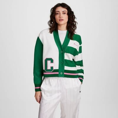 Champion Women's Collegiate Cardigan - White/Green Striped M