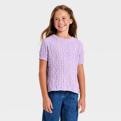 Girls' Short Sleeve Cable Knit Pullover Sweater - Cat & Jack™ Lavender M