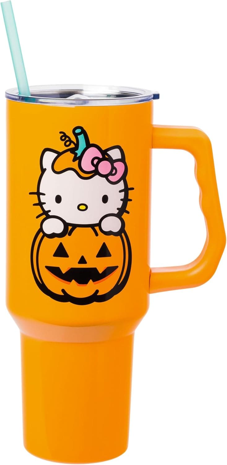 Silver Buffalo Sanrio Hello Kitty Halloween Jack-O-Lantern Double Walled Stainless Steel Tumbler with Handle and Straw, Fits in Standard Cup Holder, 40 Ounces