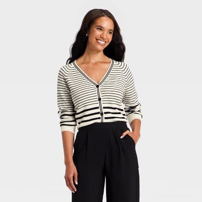 Women's Long Sleeve V-Neck Cardigan - A New Day™ Cream Striped XL