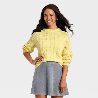 Women's Long Sleeve Round Neck Cable Sweater - A New Day™ Yellow XL
