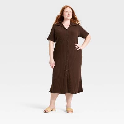 Women's Button-Down Midi Dress - A New Day™ Brown 2X