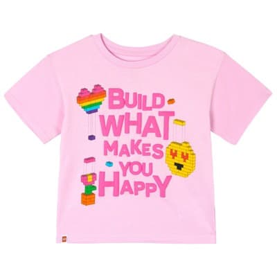 LEGO Big Girls' Short Sleeve Graphic Tee with Puff Print Happy Build Pink 14-16
