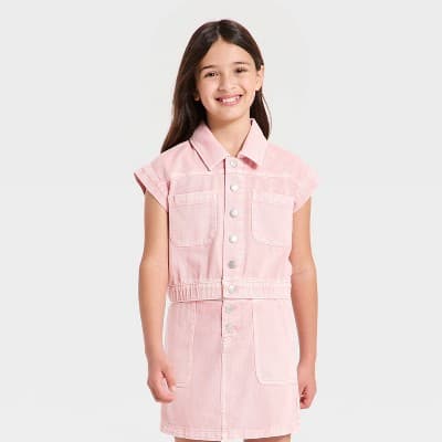 Girls' Sleeveless Denim Top - Cat & Jack™ Peach Pink S