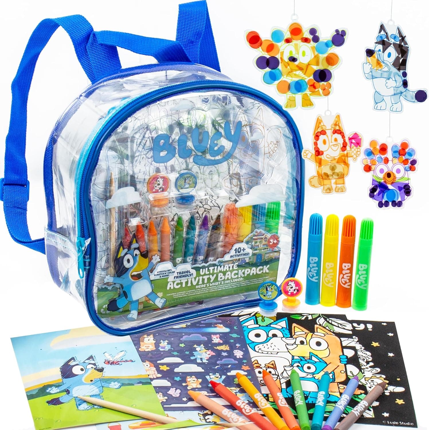 Bluey Ultimate Activity Backpack, 10+ Activities, Includes Backpack with 4 Sticker Suncatchers with 4 Suction Cups, 4 Surprise Scratch Arts, 2 Velv-its Posters, 1 Coloring Roll, 4 Markers, Kid Gifts