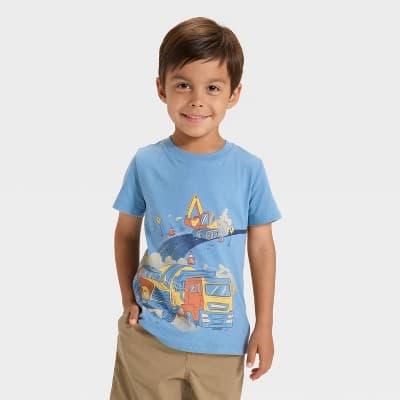 Toddler Boys' Short Sleeve Construction Vehicles Graphic T-Shirt - Cat & Jack™ Dusty Blue 2T