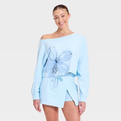 Women's Washed Jersey Off The Shoulder Cropped Long Sleeve Top - JoyLab™ Light Blue M