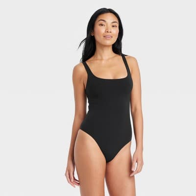 Women's Luxe 4-Way Stretch Tank Bodysuit - Auden™ Black L: Nylon Spandex Blend, Scoopneck, Sleeveless, Pullover, Crotch Snap
