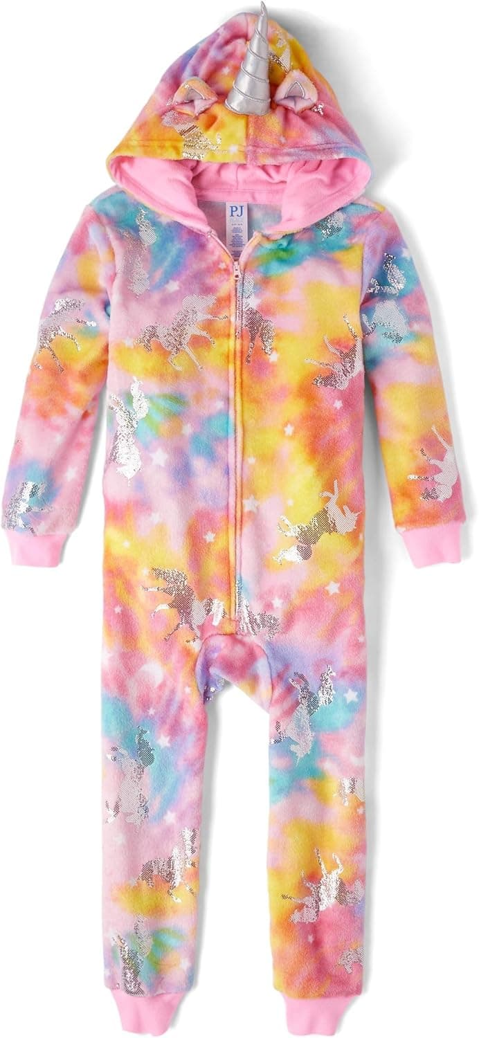 The Children's Place,Girls,Long Sleeve Fleece Zip Up One Piece Pajama,Unicorn Sparkle Pink,Medium