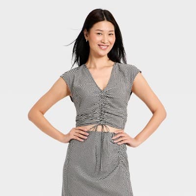 Women's Cap Sleeve Tie Top - A New Day™ Black Gingham XS