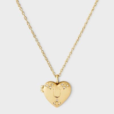 Brass Letter "U" Heart Locket with Initial Pendant Necklace - A New Day™ Gold