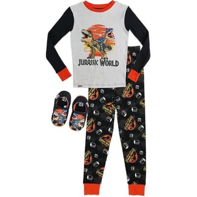 LEGO Jurassic World Little Boys’ 2-Piece Sleepwear and Slipper Set, Black/Orange, 4