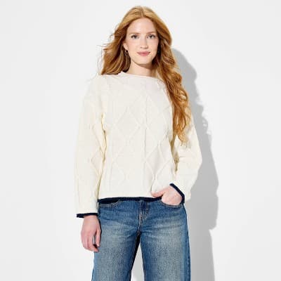 Women's Crewneck Cable Pullover Sweater - Wild Fable™ Off-White M