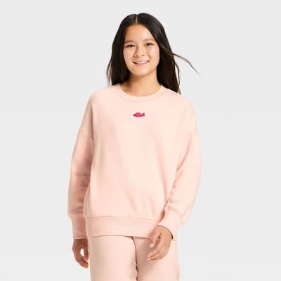 Girls' Embroidered Fish Oversized Fleece Crew Sweatshirt - art class™ Pink XS