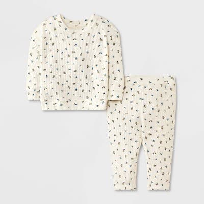 Baby Girls' Floral Waffle Sweatshirt & Jogger Pants Set - Cat & Jack™ Cream Newborn
