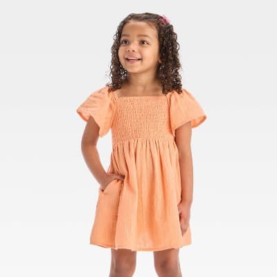 Toddler Girls' Gold Striped Short Sleeve Dress - Cat & Jack™ Peach Orange 12M