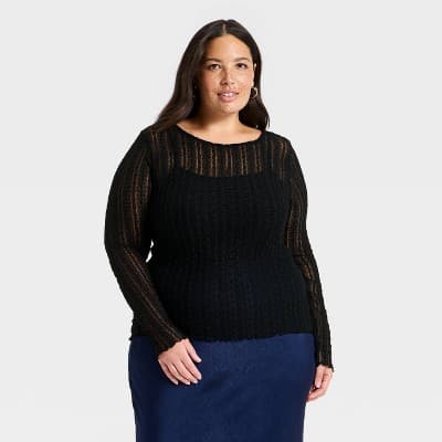 Women's Long Sleeve Lace Top - A New Day™ Black 2X