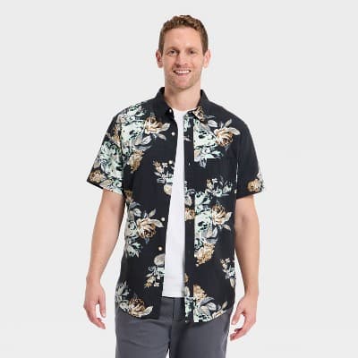 Men's Short Sleeve Cotton Rayon Point Collar Button-Up Shirt - Goodfellow & Co™ Gray S