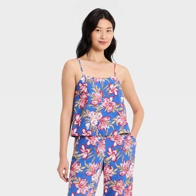 Women's Resort Linen Cami Tank Top - A New Day™ Blue Floral L